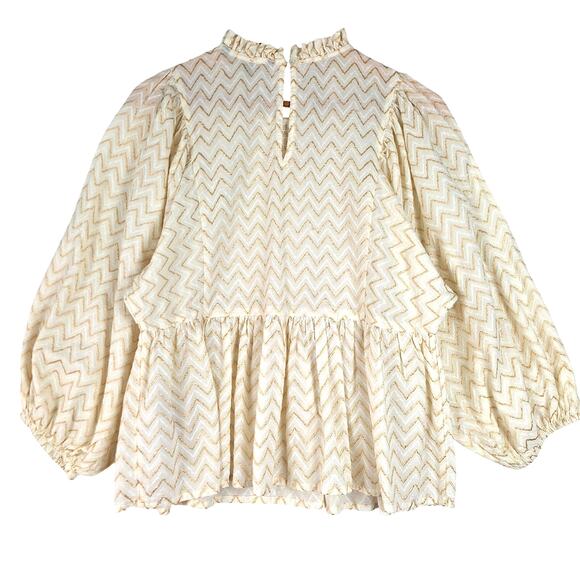 Womens Top XL Boho Chic Peasant Cottagecore Smocked Chevron Feminine Mock Neck - Picture 8 of 8